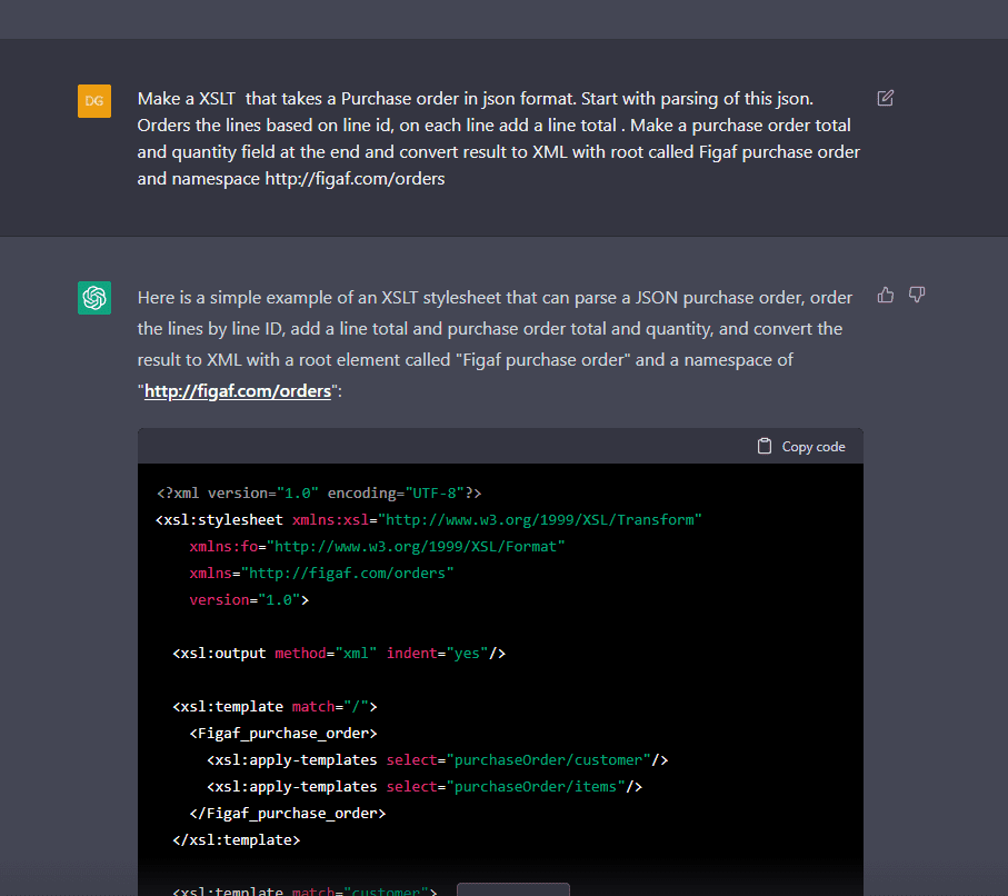 ChatGPT prompt and answer creating an XSLT 1.0 stylesheet that converts the purchase order to XML with a Figaf namespace