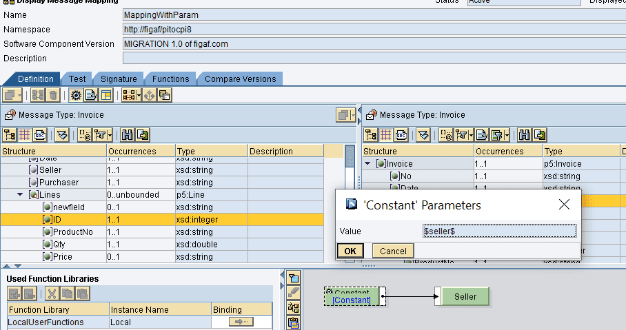 SAP PI message mapping MappingWithParam where a Constant function uses the parameter $seller$ to fill the Seller field
