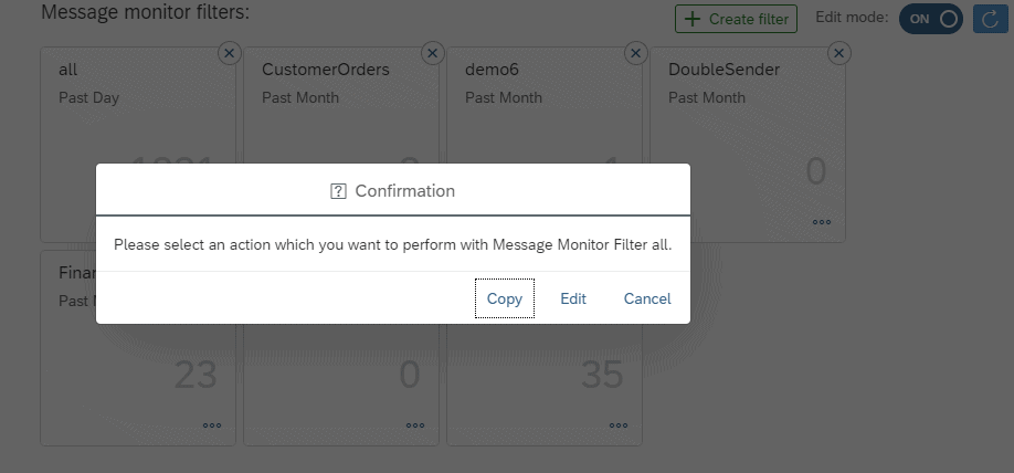 Figaf message monitor filter tiles with a confirmation dialog offering to copy, edit or cancel the selected filter