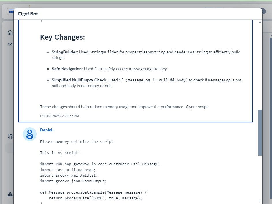 Figaf Bot chat window listing key changes to memory optimize a Groovy script, below the user's request with the script code