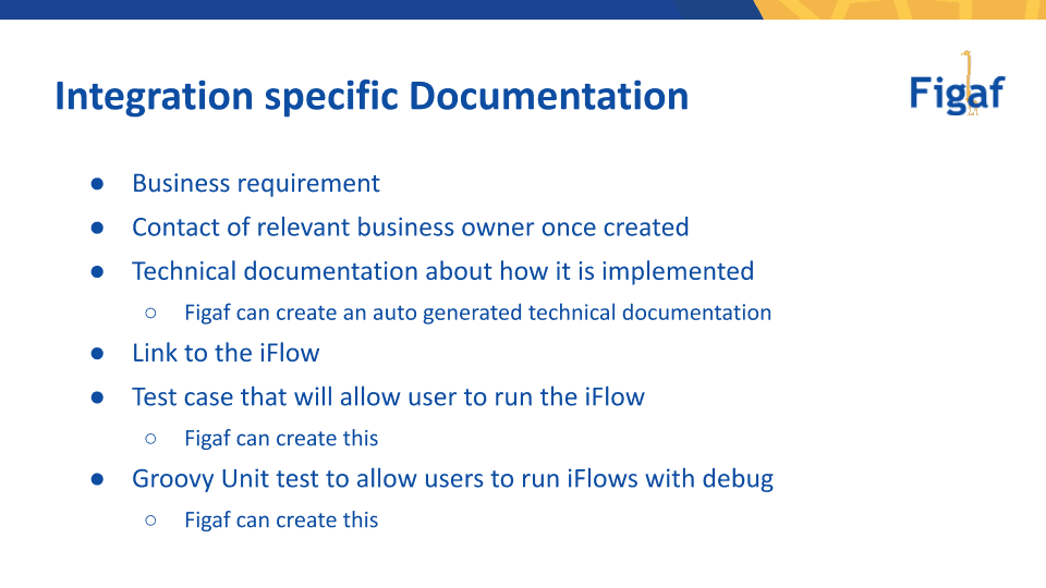 Slide on integration specific documentation: business requirement, owner contact, technical documentation, iFlow link, test case and Groovy unit test