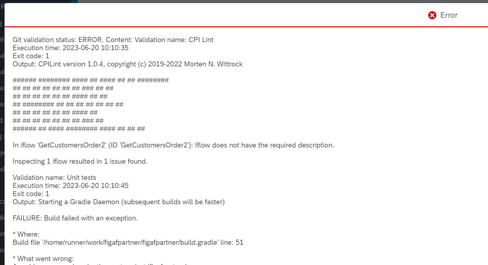 Figaf notification with the result of a Git pipeline run for an iFlow, including CPILint findings