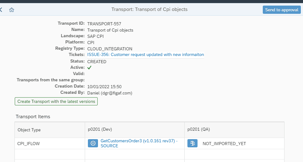 Figaf transport TRANSPORT-557 for ticket ISSUE-356 with the GetCustomersOrder3 iFlow from Dev not yet imported to QA