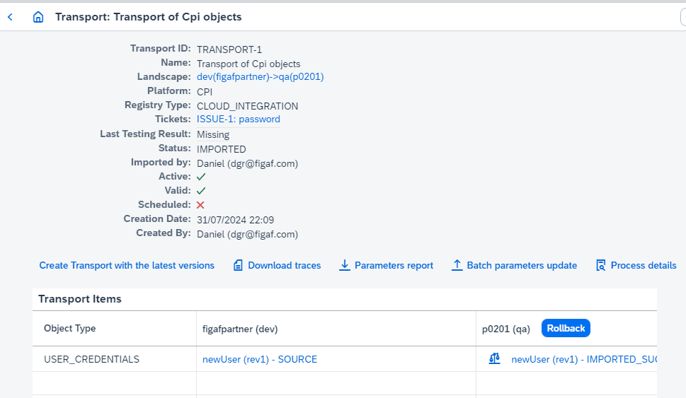 A Figaf transport where a password security artifact is added alongside an iFlow