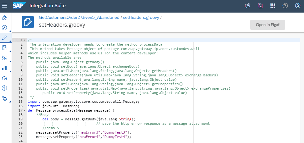 Groovy script open in SAP Integration Suite with an Open in Figaf button added by CPIHelper