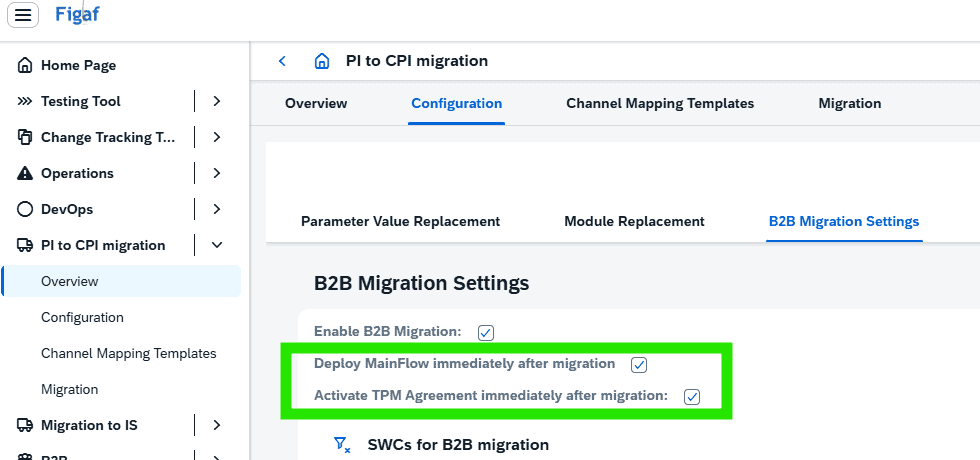 Screenshot of B2B Migration Settings in SAP integration platform with MainFlow and TPA activation.