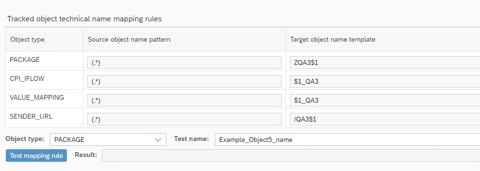 Name mapping rules in Figaf that add a QA prefix or postfix to packages, iFlows, value mappings and sender URLs