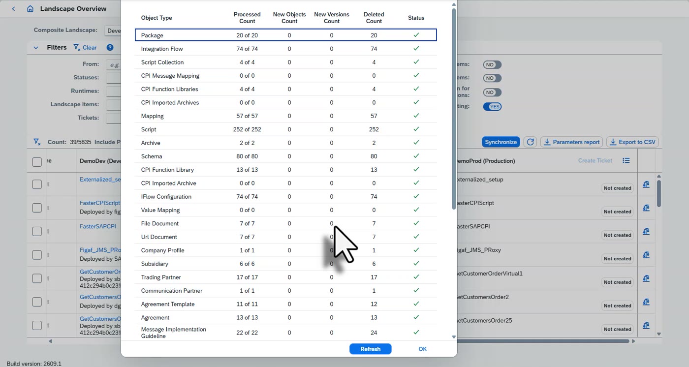 Screenshot: Comparing versions across the landscape and initializing externalized properties when synchronizing