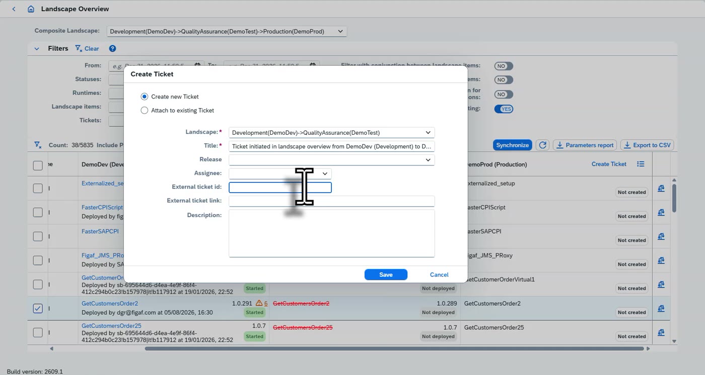 Screenshot: Creating a transport ticket: select an iFlow, add a Jira link, attach dependent objects