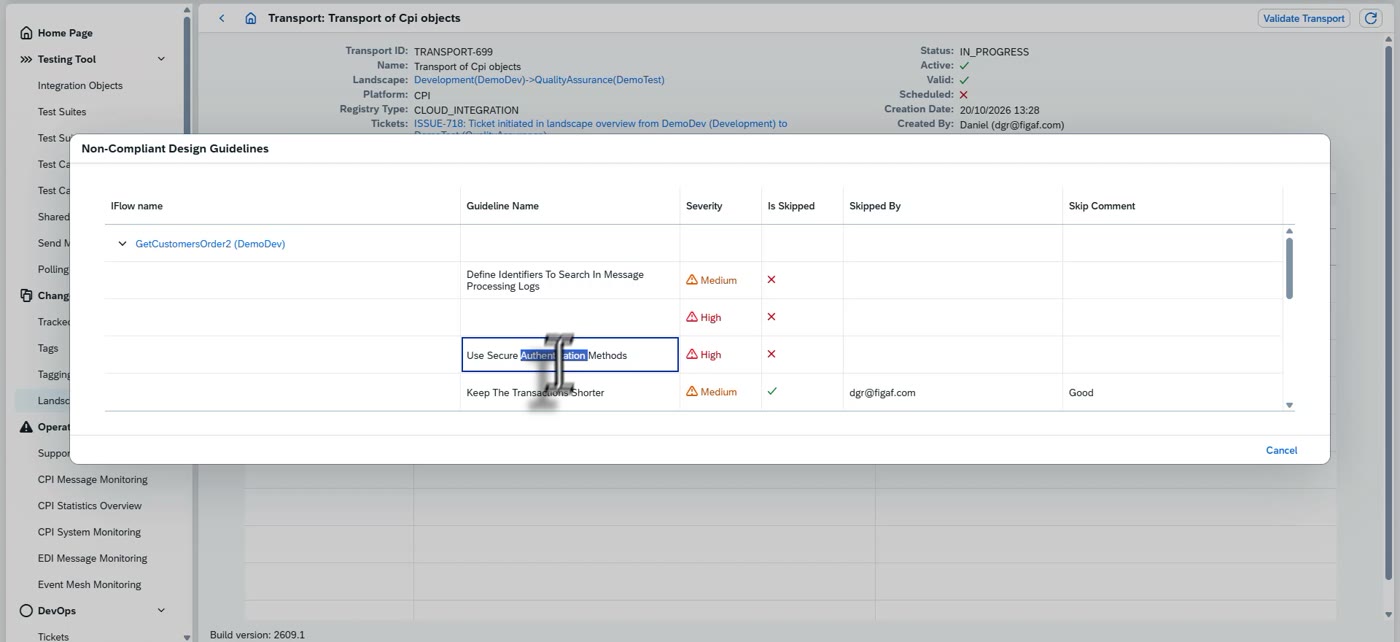 Screenshot: Downloading externalized properties as Excel, uploading them again, and design guideline results
