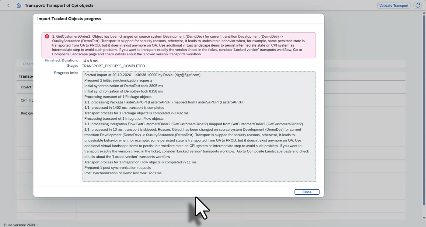 Screenshot: Importing a transport and updating to the latest version when the source changed