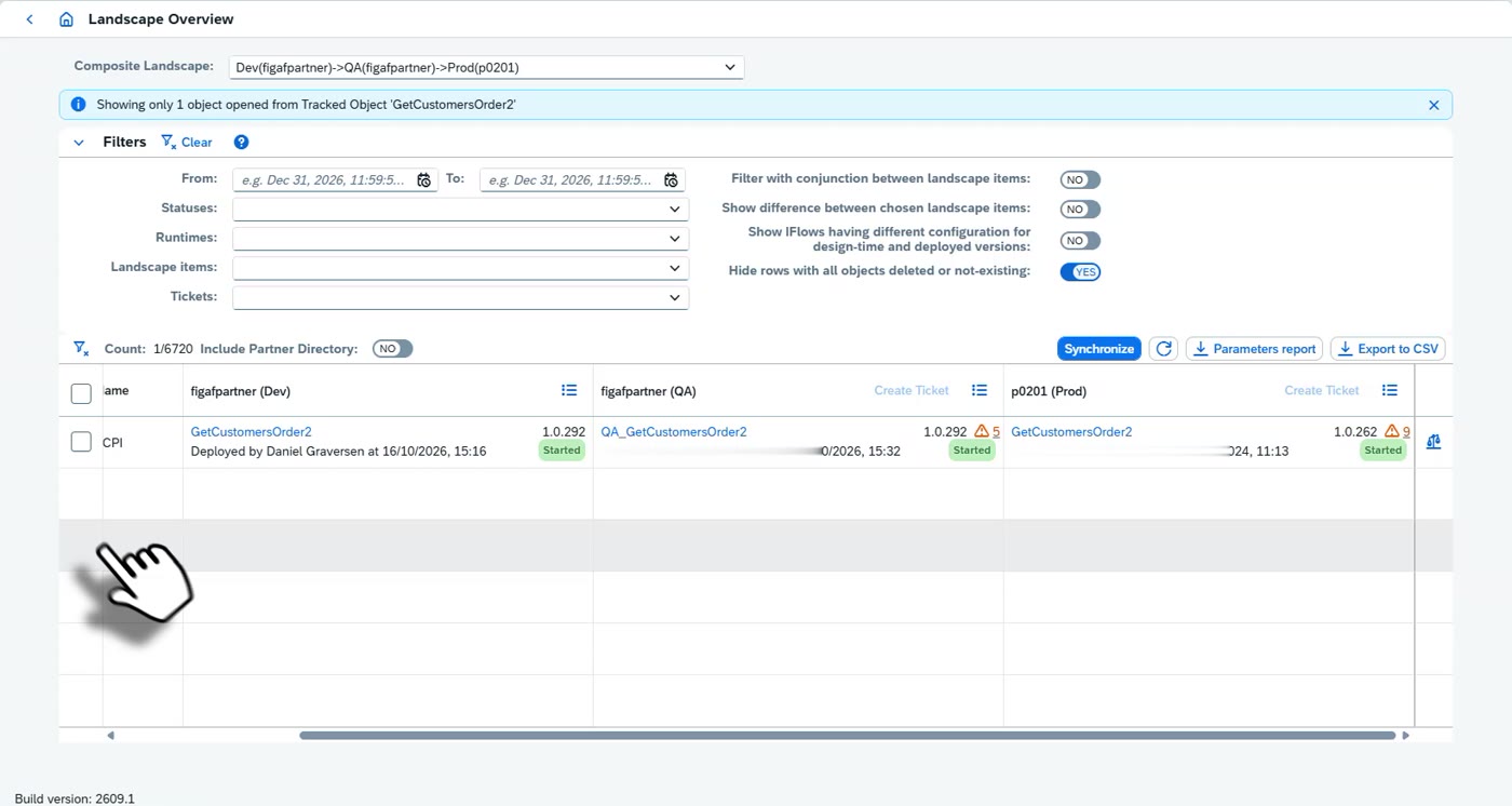 Screenshot: The iFlow across the landscape and comparing production with development