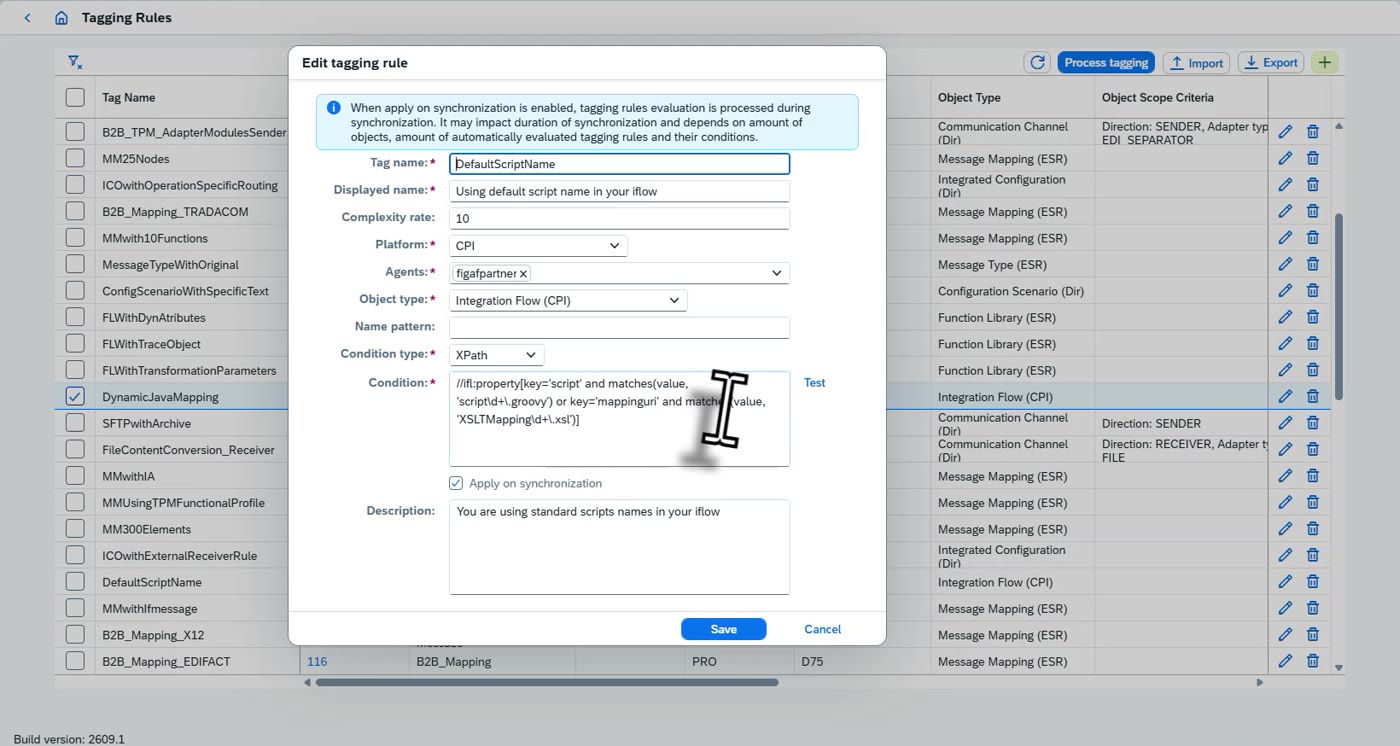 Screenshot: Tagging rules for governance, for example default script names and dynamic Java mappings