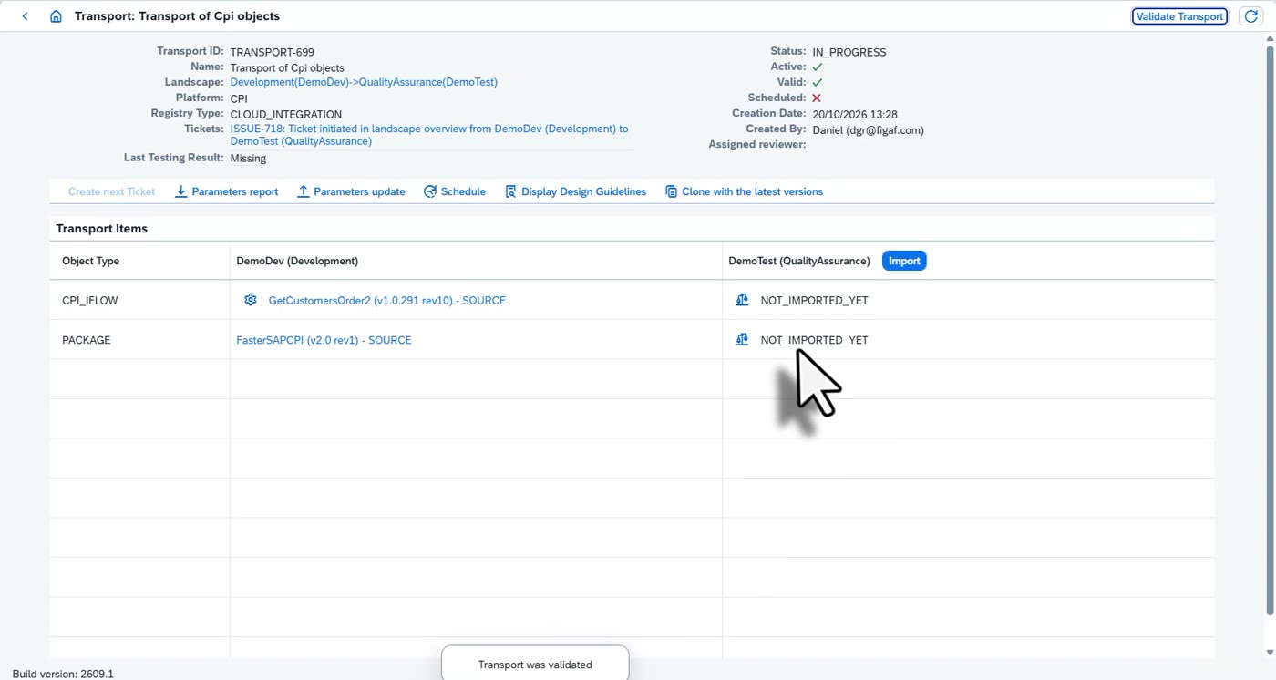 Screenshot: Validating and approving a transport, comparing models, BPMN viewer and unused externalized properties
